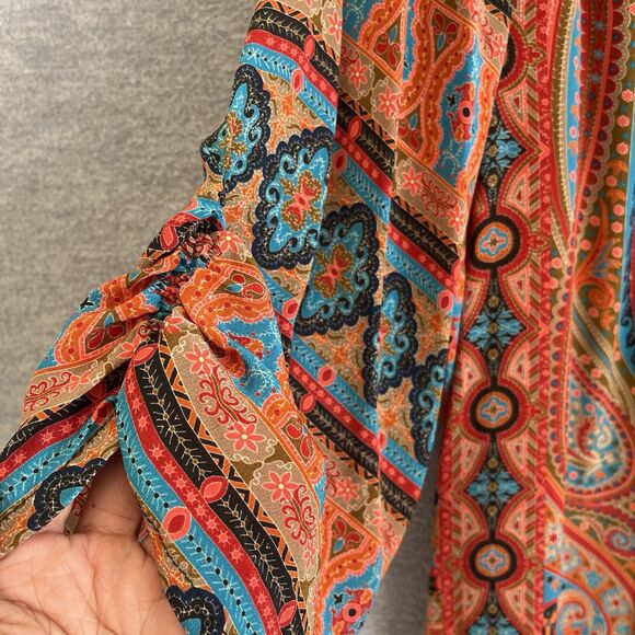 Tolani Boho Silk Tunic Dress Size M Vibrant Festival Hippie Tassels Cover Up - Picture 7 of 16